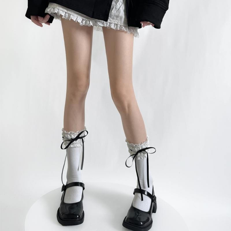 Fashionable Over The Knee Socks with Cute Ribbon Bowknot Stretchy Lace Trimmed Thigh High Long Stockings for Women