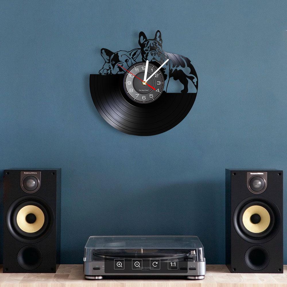 French Bulldog Couple Wall Art Home Decor Wall Clock Made Of Vinyl Record Modern Puppy Dog Wall Clock Dog Breed Dog Owners Gift