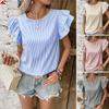 Women's Summer New Style Round Neck Striped Ruffles Sleeve Shirt Top