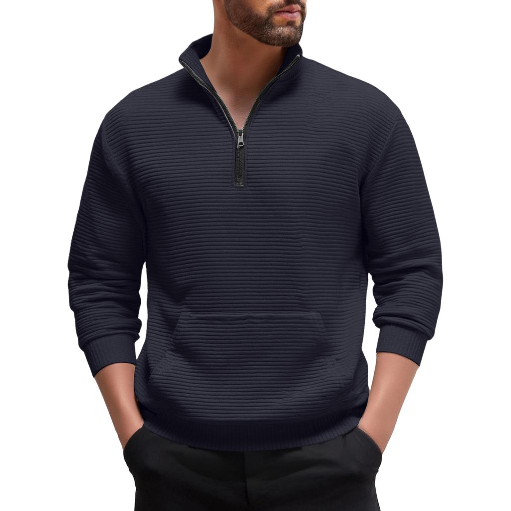 Men's Casual Sports Long-sleeved Thickened Sweatshirt, Men's Stand-up Collar Semi-zipper Striped Texture Top