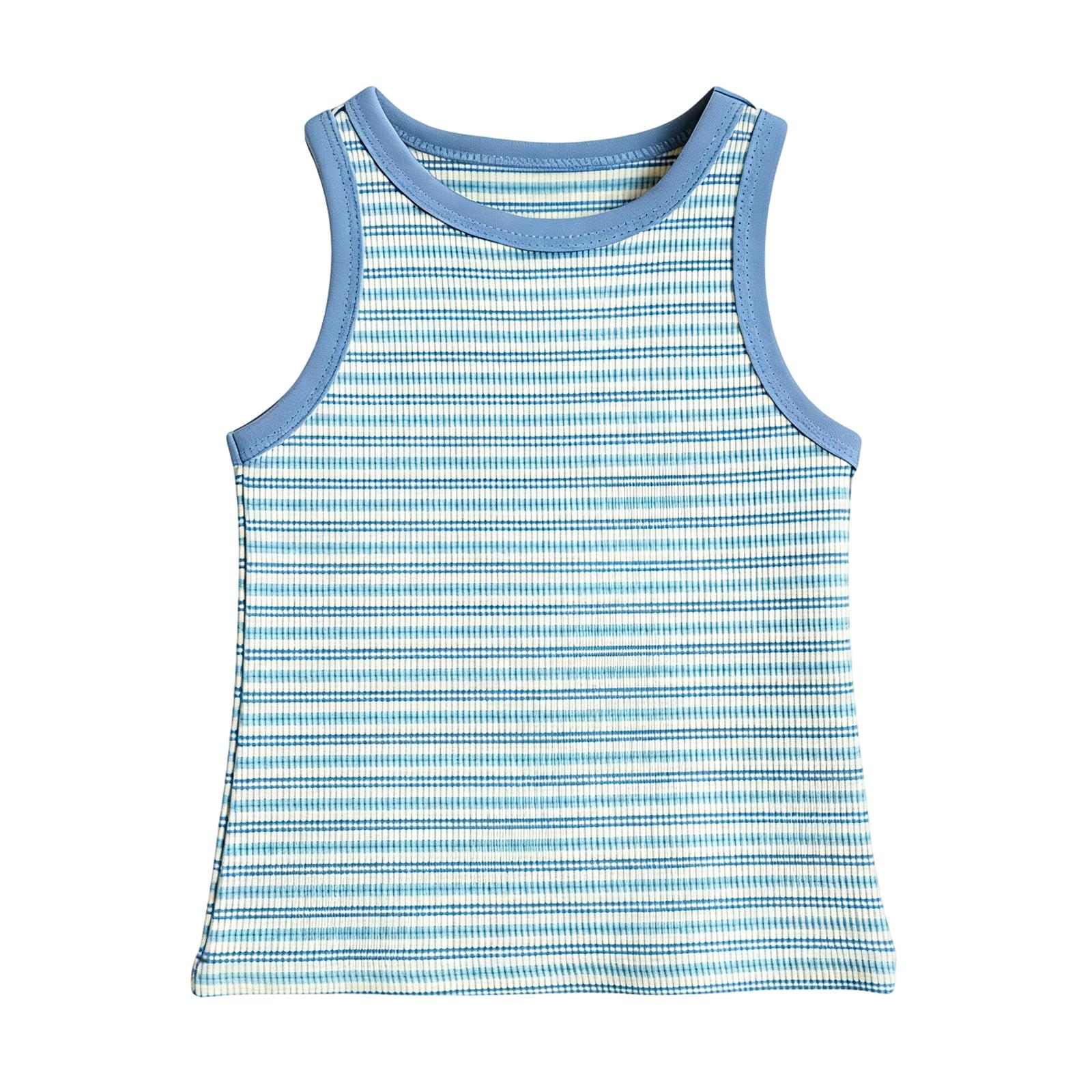 Children s Casual Striped Print Sleeveless Vest, Round Neck, Fashionable Sleeveless Tank Top 100 синий