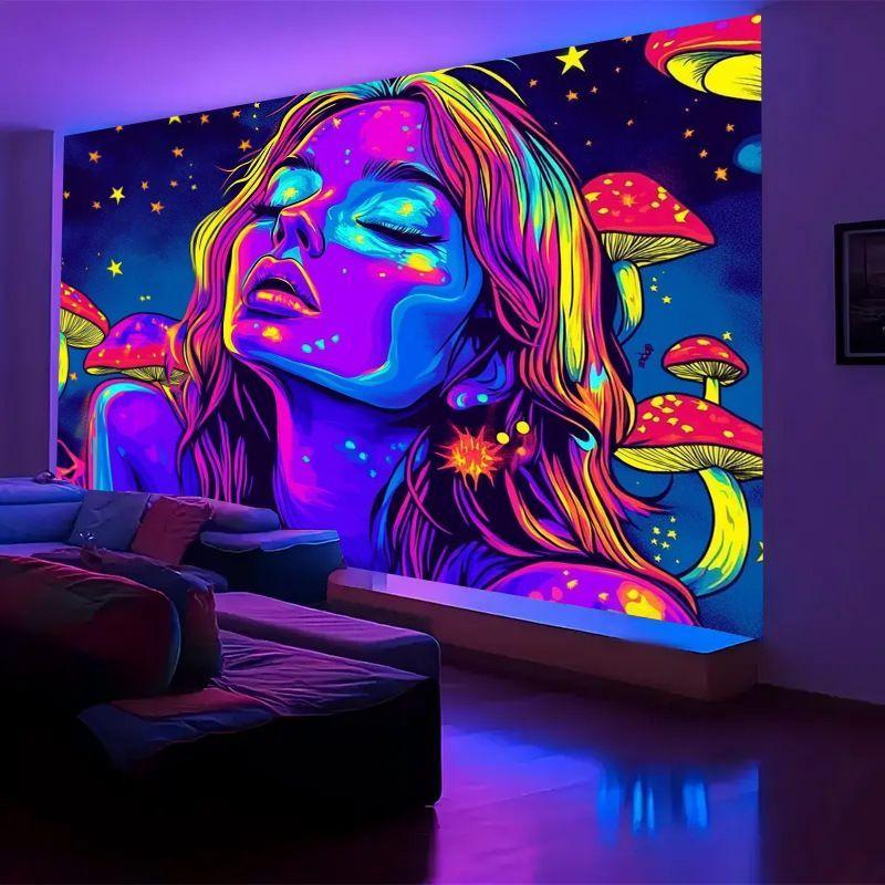 Fluorescent Illusion Alien Mushroom Tapestry, Neon Psychedelic Wall Hanging, Bedroom Dorm Home Decor, Gift