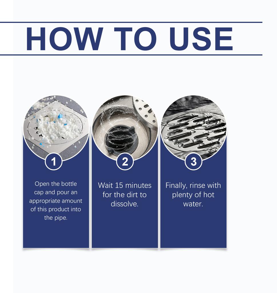 Silný čisticí prášek pro umyvadla, odpady, kuchyň a toaletu, rychle uvolňuje a redukuje pachy.