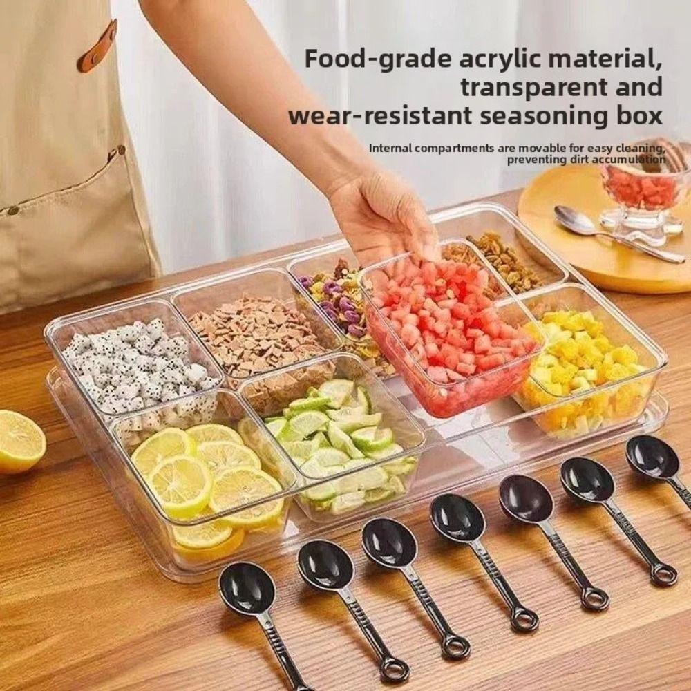 with Lid Ice Powder Box 6-Compartment Fruit Salad Box Seasoning Storage Box for Spices Powders
