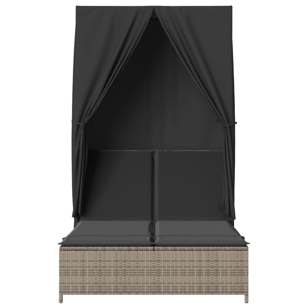 Vidaxl Doppia Sdraio con Tettoia e Tende, Polyrattan Grigio