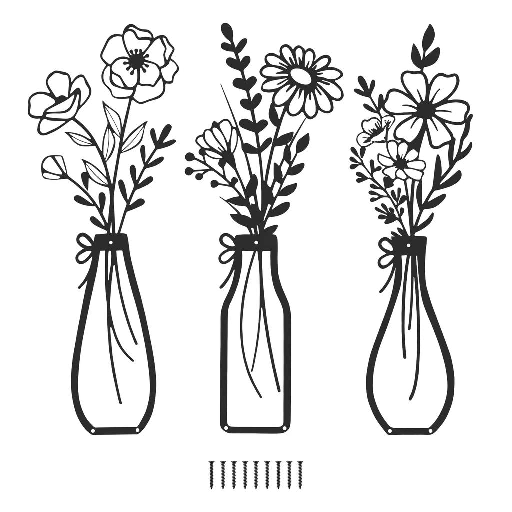 3 Pcs Metal Flowers Wall Art Exquisite Metal Vase Wall Decor Floral Ornaments Rustic Farmhouse Decor for Living Room Bathroom