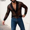 Men Long Sleeve Deep V Mesh Sheer See Through Party T-shirts Tops