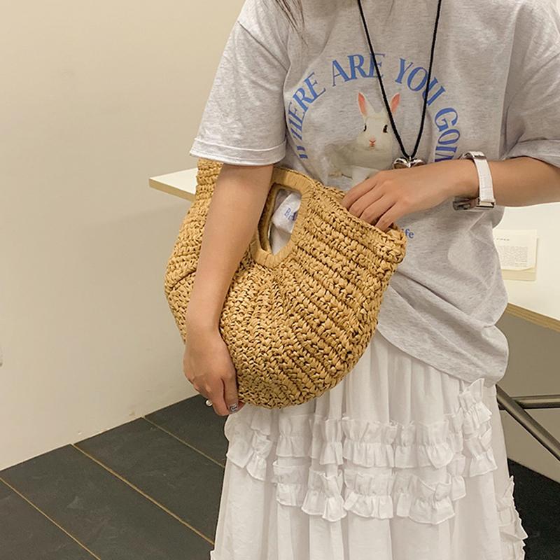 Summer Straw Women Half-moon Beach Handbag Rattan Handmade Handle Kintted Tote Bag