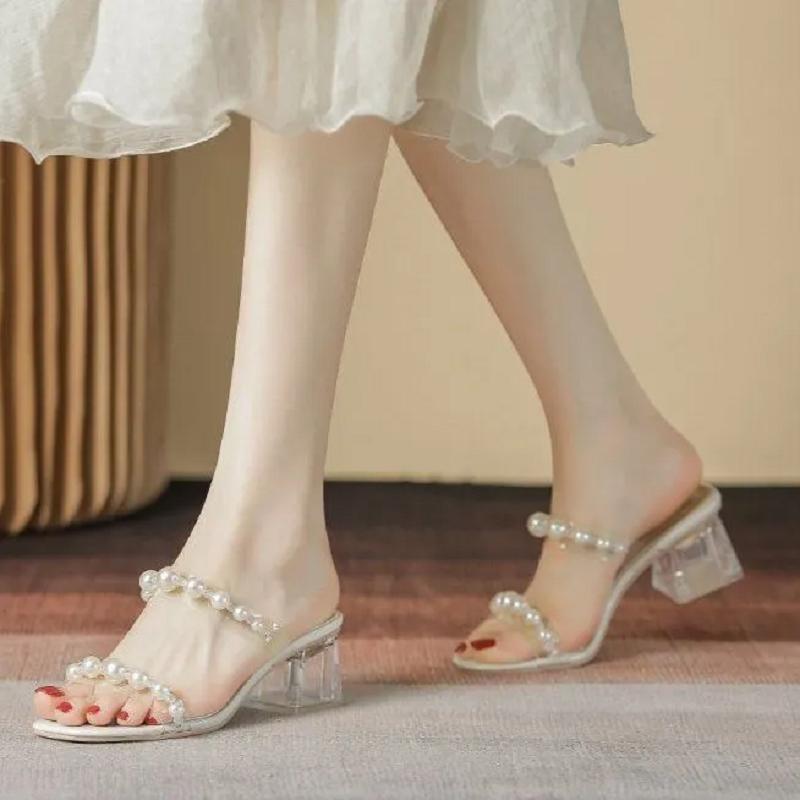 women fashion sweet light weight transparent pearl square heel sandal shoes lady classic comfort heel sandals ab633