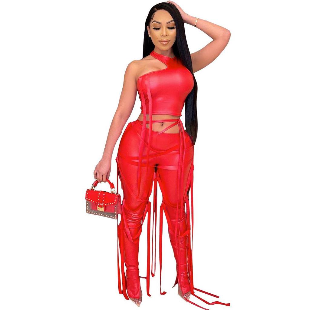 AL154 Women's Sexy Two-Piece Set: Strappy Tank Top & Faux Leather Pants for Nightclub Summer Wear.