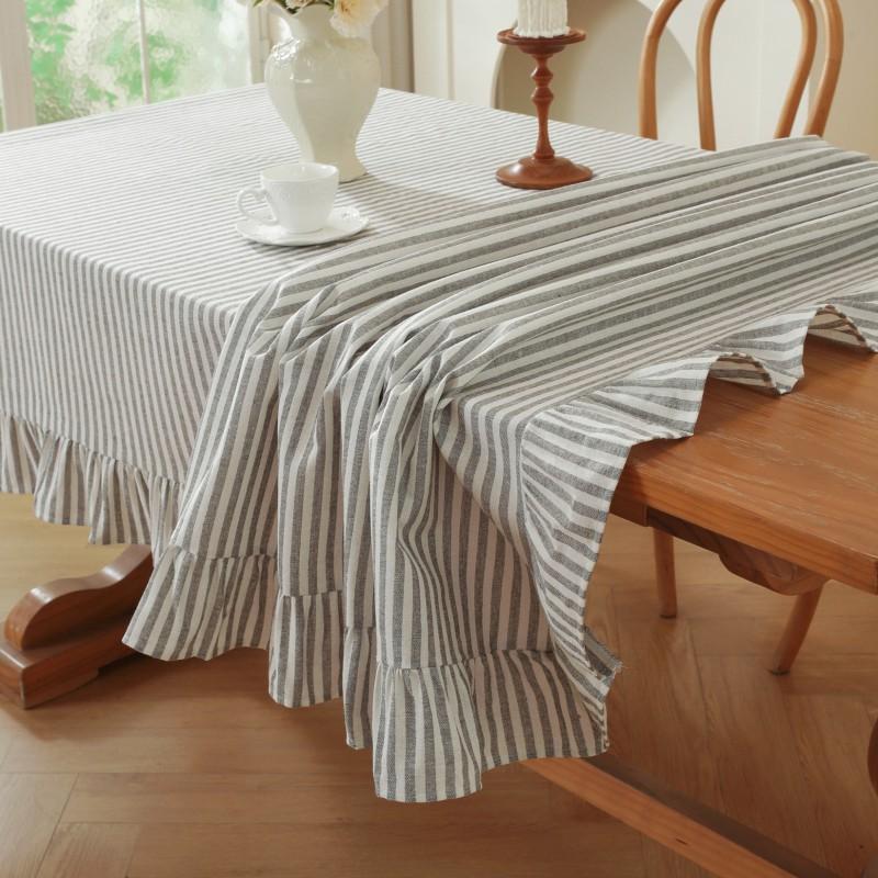 Striped Cotton Tablecloth With Ruffled Hem Dining Table Square Round Decorative Home Kitchen