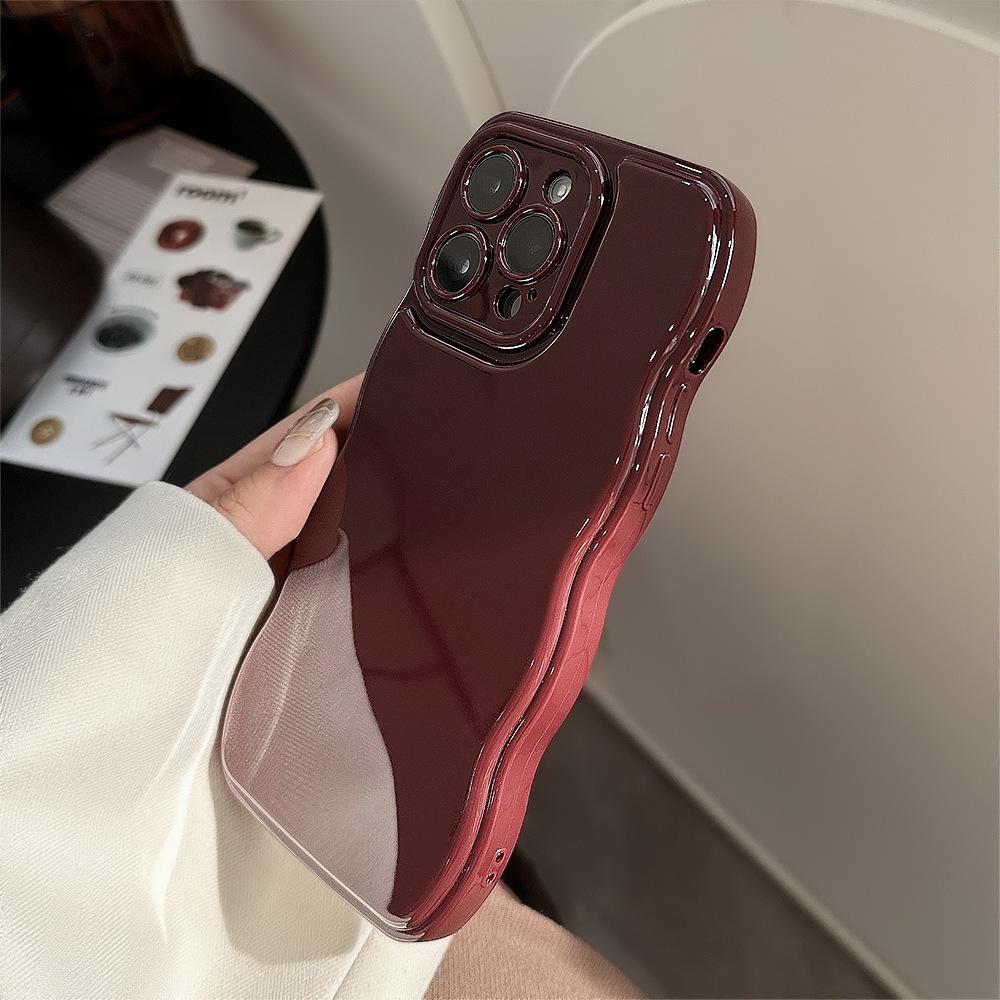 Retro Burgundy Apple 16 Phone Case Iphone17 Premium 14 for 15promax Wavy Edge 13 Solid Color