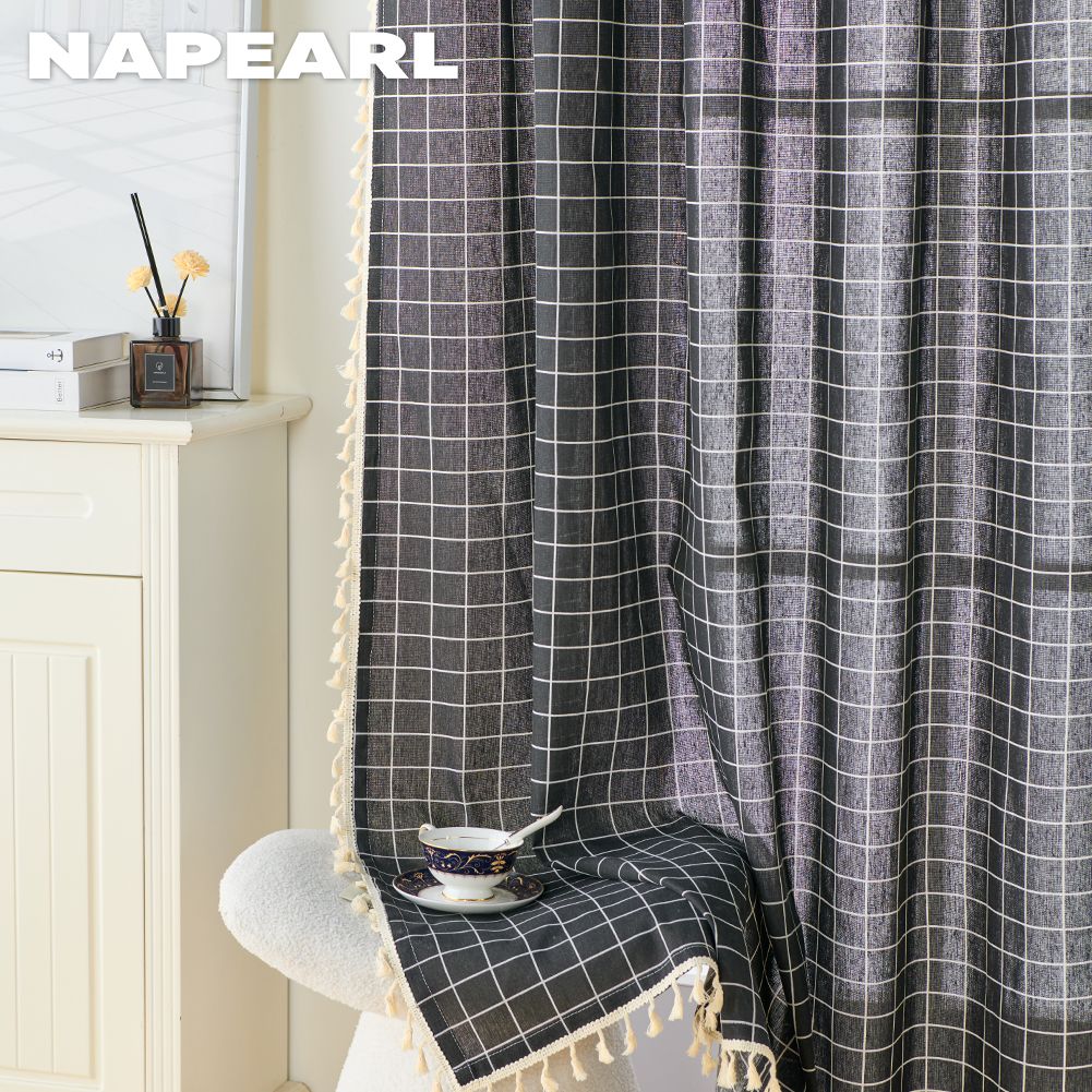 1PC NAPEARL Semi Blackout Simple and Versatile Tassel Edge Decoration Black Color Curtain for Windows Balcony Living Room and Bedroom Home Decor