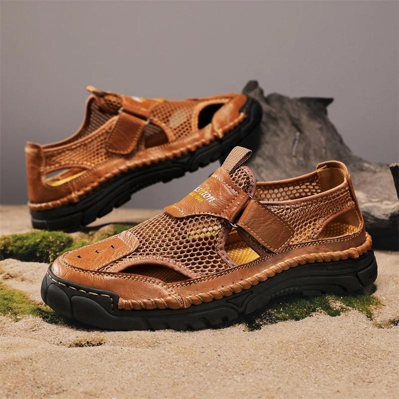 Fashion Hot Sale Summer Men's Shoes Outdoor Sandals Non-slip Men Beach Flats Handmade Leather Man Mesh Shoes Fashion Wading Aqua Shoes