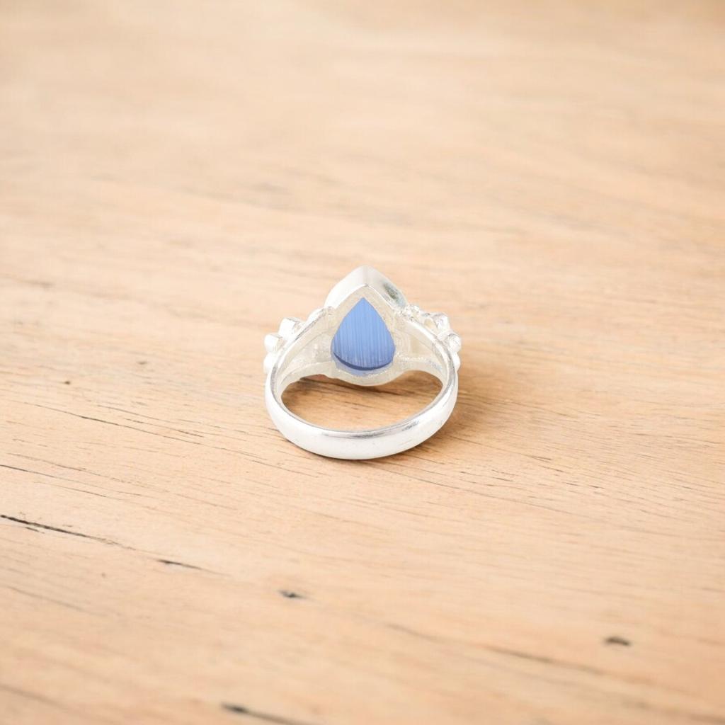 Dark Blue Cat's Eye Gemstone 925 Stamped Silver Jewelry Handmade Pear Shape Ring RR-59-40