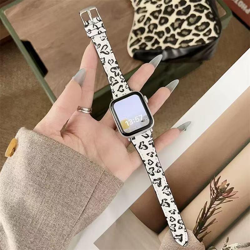 Leopard Print Leather Strap for Apple Watch 11 iWatch 10987E, Huawei FIT4, Xiaomi 9PRO