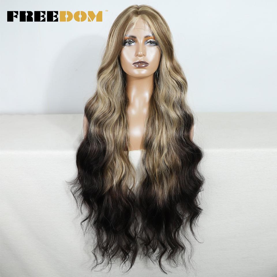 

FREEDOM Synthetic Lace Front Wigs For Women Super Long Body Wave Lace Wig Ombre Brown Highlight Cosplay Wigs Heat Resistant (as the picture,36inches&T PART LACE)
