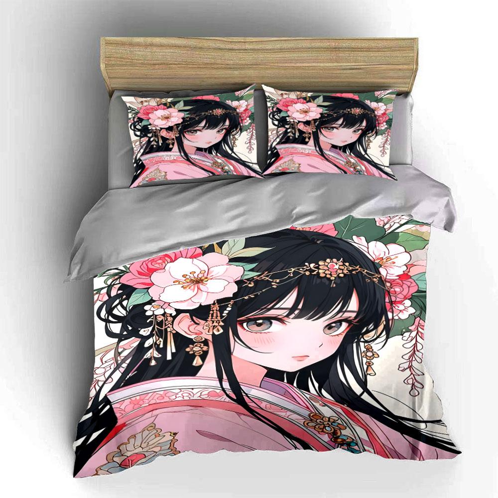 Elegant ancient-style girl with floral ornaments Print Bedding Set 1Duvet Cover 2Pillowcases for Adult and Children Luxury Gift