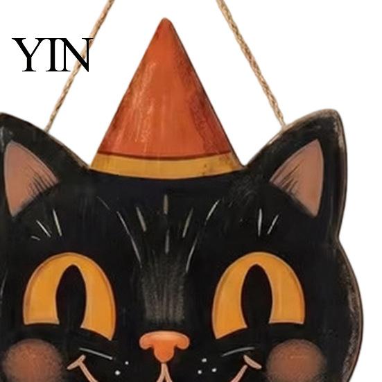 Outdoor Ghost Door Decorations Halloween Wooden Hanging Pendant with Lanyard, Retro Ghost/Pumpkin/Skull/Black Cat Black Wall Art for Front Porch Party