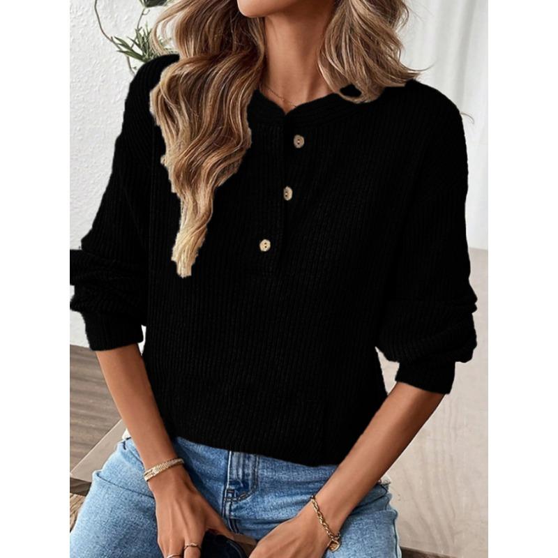 2025 Herbst und Winter Neue einfarbige Mode Knopf Locker Langarm T-Shirt Tops für Damen