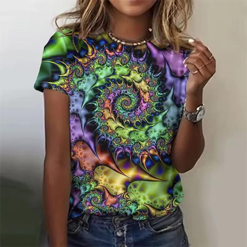3D Printed Color Rotating Pattern T-shirts Summer Retro Loose Round Neck Short Sleeved Women's T-shirts