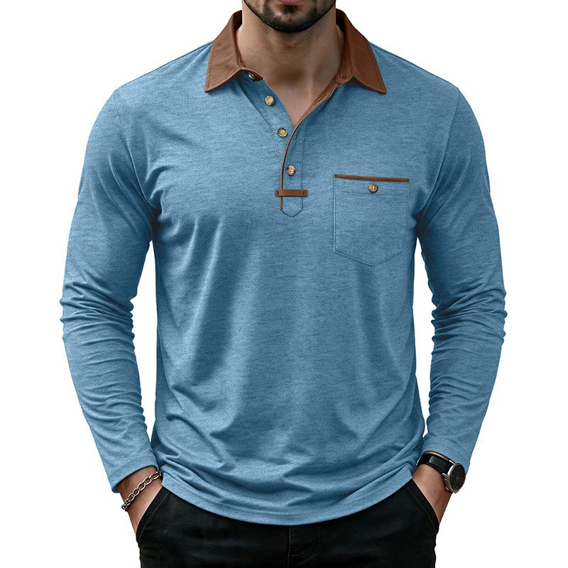 Mens Casual Long Sleeve Polo Shirts Contrast Lapel Button T Shirt with Chest Pocket Solid Color Daily Business Tops