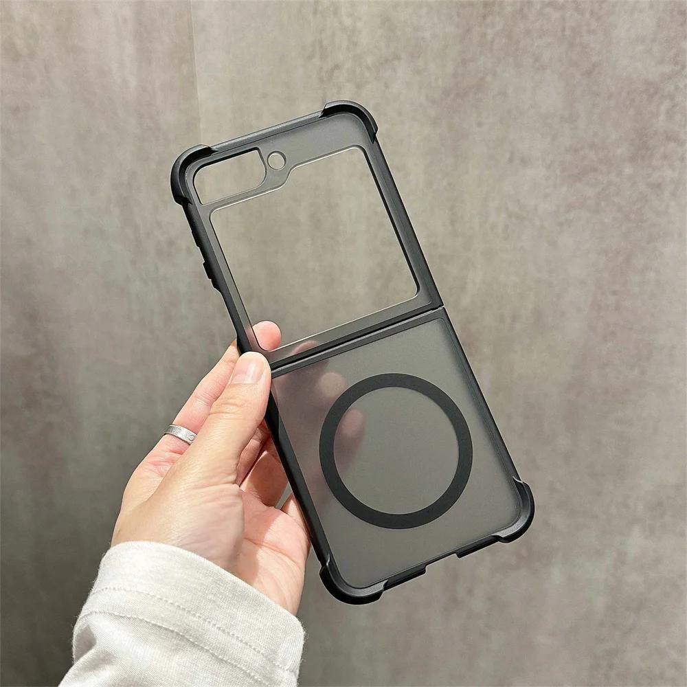 For MagSafe Magnetic Translucent Matte Phone Case For Samsung Galaxy Z Flip 6 5 4 3 Flip6 Flip Flip4 Flip3 5G Shockproof Cover