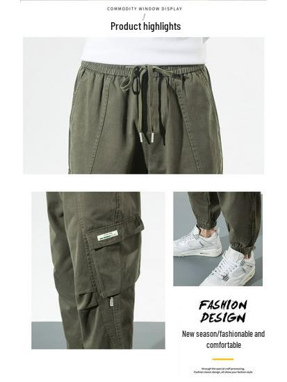 Lingrui Japanese Men's Loose Fit Trendy Wide-Leg Elastic Waist Multi-Pocket Overalls