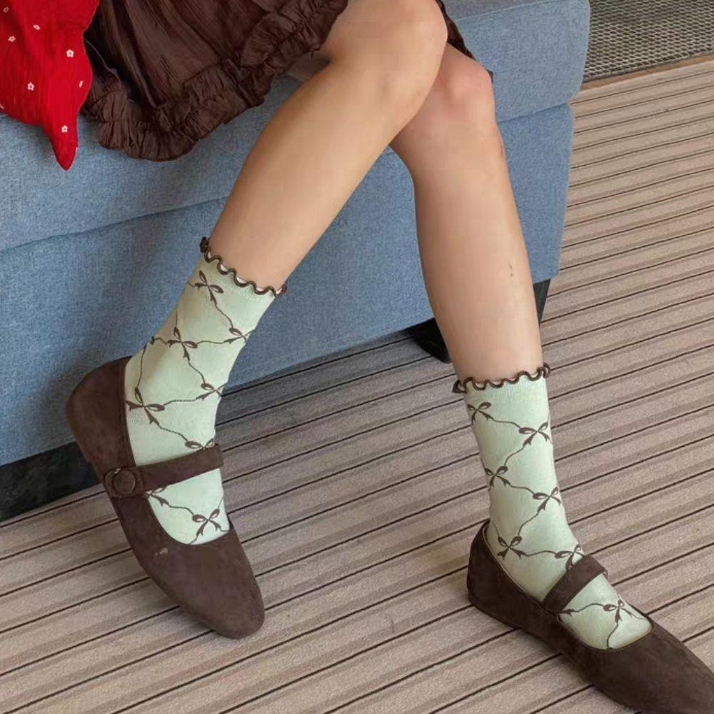 5Pairs Breathable Mid Tube Socks Thin Cotton Sweet Socks Women Fashion Ruffle Bow Socks  Streetwear