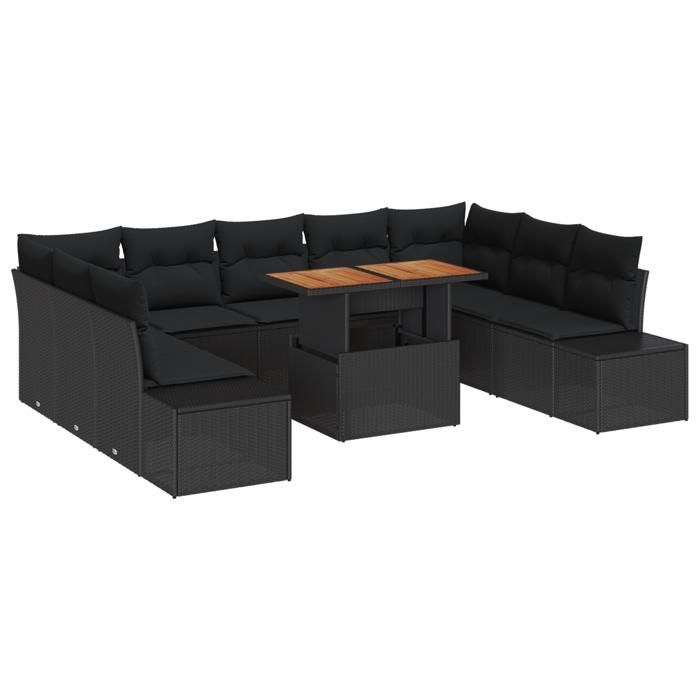 VidaXL Ensemble de salle à manger de jardin de 10 pièces avec coussins en poly rattan noir et acacia 3350009