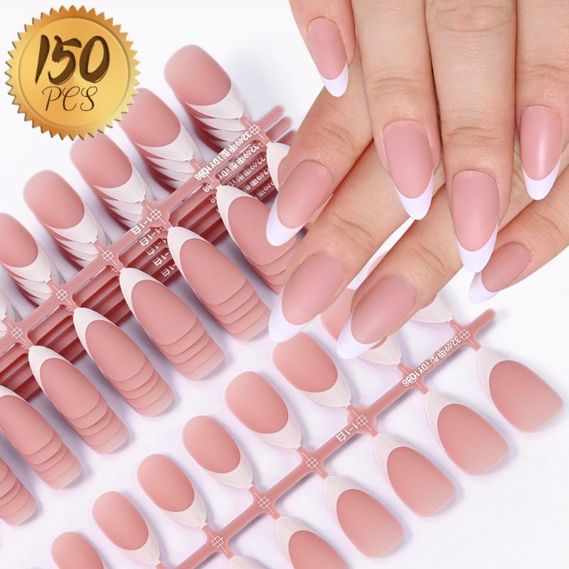 150 Stück Französische Weiße Kante Tragen Nagel Rosa Falscher Nagelstück Vollaufkleber Matt Maniküre Ultradünn Weiß