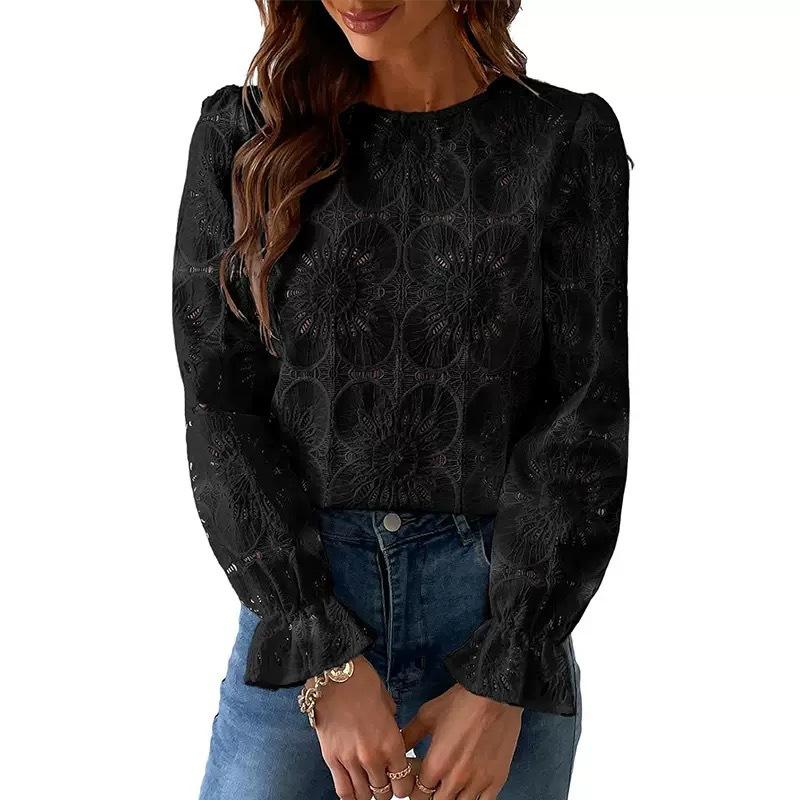 

Ladies Spring Autumn Long Sleeve O Neck Mesh Jacquard Pullover T Shirt Top XXL