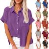Summer Plain Button Down Turn Down Collar Women's Solid Cotton Short Sleeve Blouse Shirts