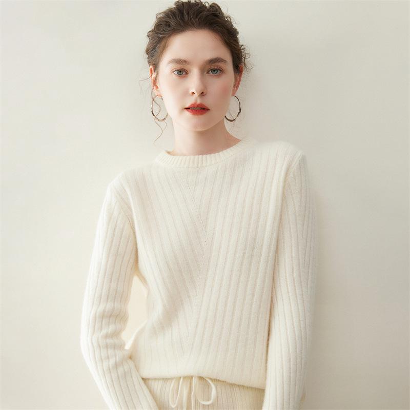 Women's Ribbed Cashmere Crew Neck Pullover Sweater with Long Sleeves