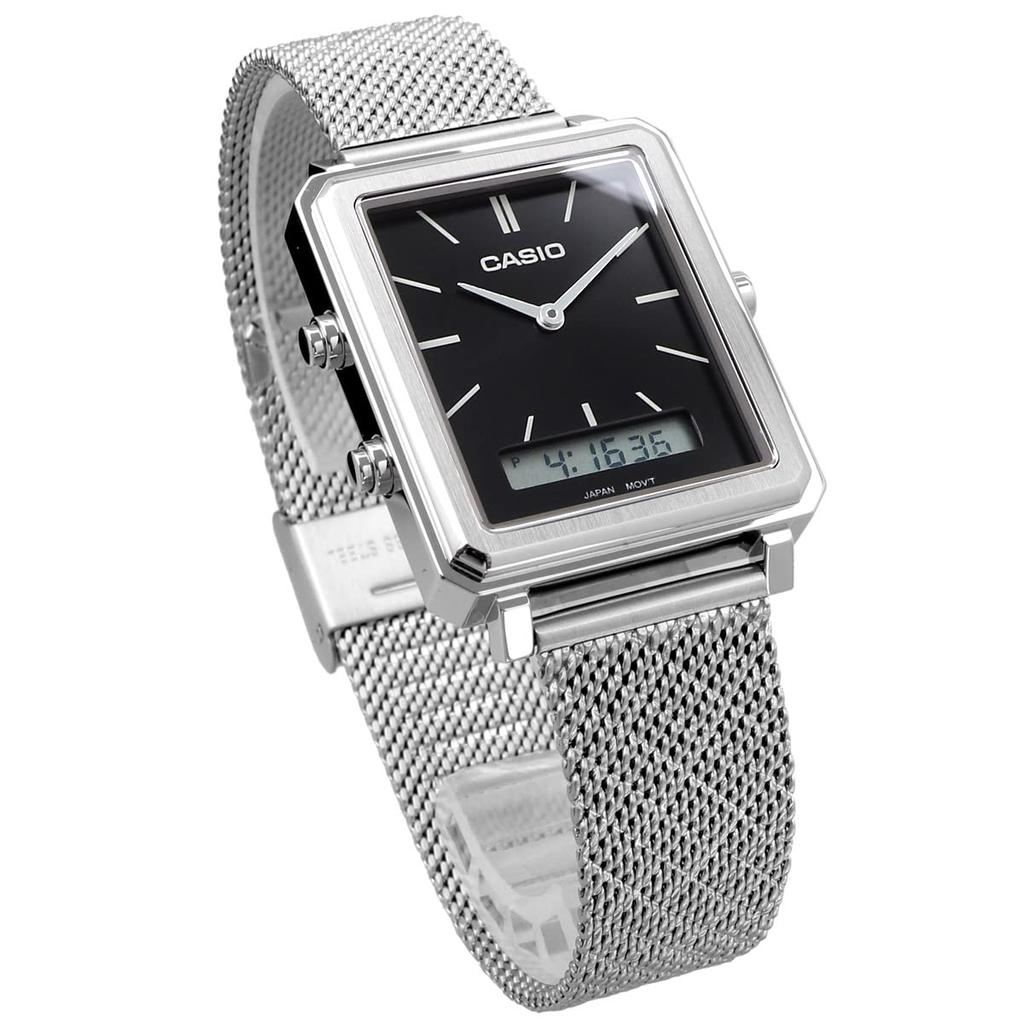 Casio Standard Analog-Digi Rectangular Face Men's Watch MTP-B205M-1E with Stainless Steel Mesh Band, Black, Overseas Model [Parallel Import]