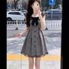 Black and White Plaid Flying Sleeves College Style Dress Women's Summer Lace Splicing Loose and Thin A-shaped Skirt Short Skirt