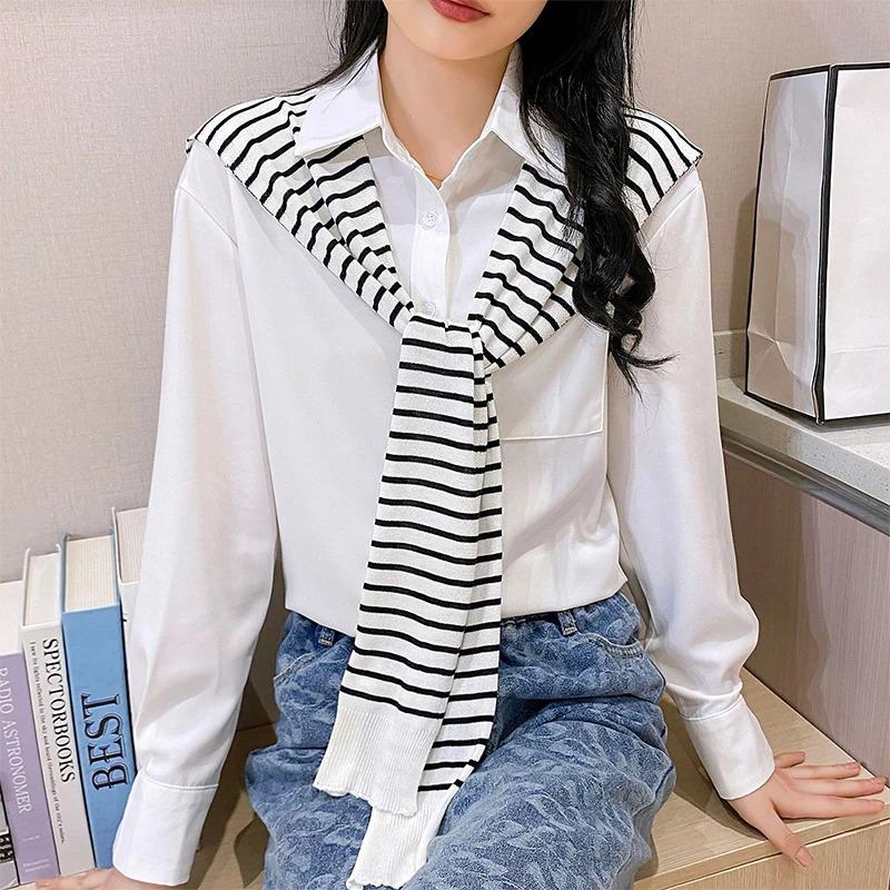 Korean Striped Knitted Warm Shawl Winter Female Blouse Shoulders Fake Collar Cape Knotted Scarf Stripe Outerwear