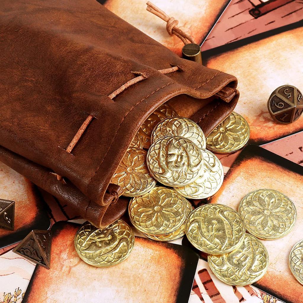 50 Gold Coins PU Leather DND Metal Fantasy Coin Treasures for Board Fake Coins as Game Tokens for Dungeons Tabletop TTRPG Game Medieval Retro