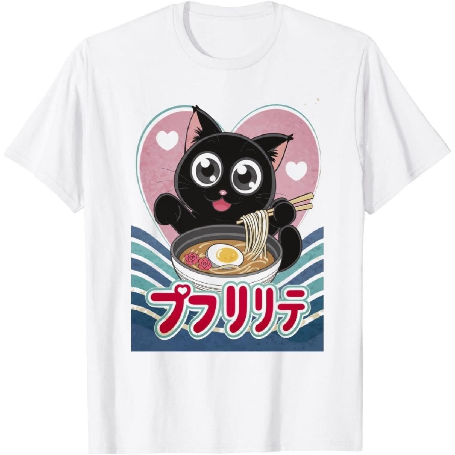 Cat Ramen Kawaii Cat Graphic Tees Anime Valentines Day Gifts 4 T-Shirt for Men Women Kids Black S