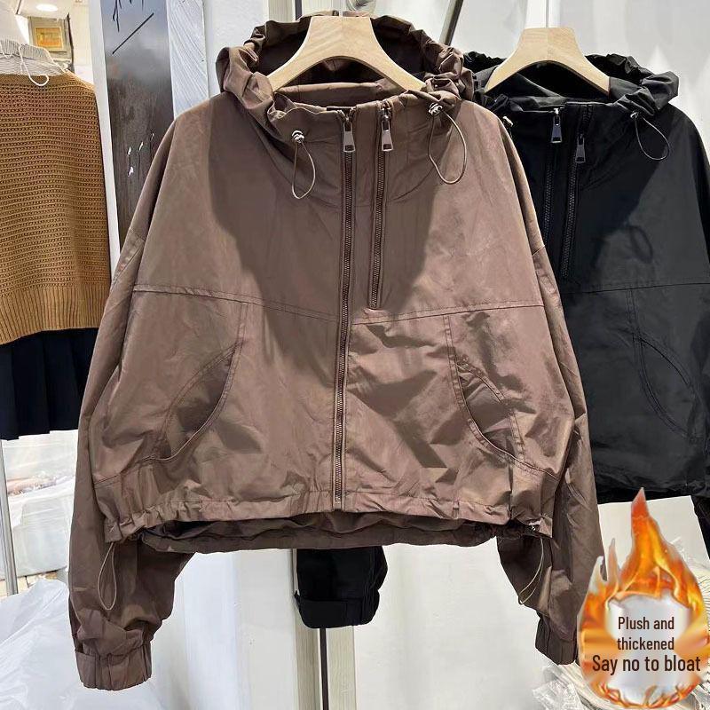 Dámská úzká větruodolná bunda s kapucí a fleecovou podšívkou - Ležérní podzimní/zimní krátká bunda