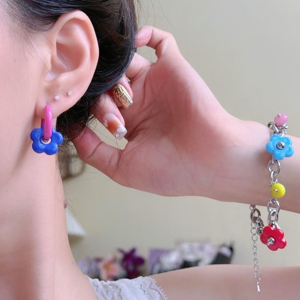 1pair Dopamine Flower Earrings Resin Acrylic Hoop Earrings Sweet Ear Clasp Gift