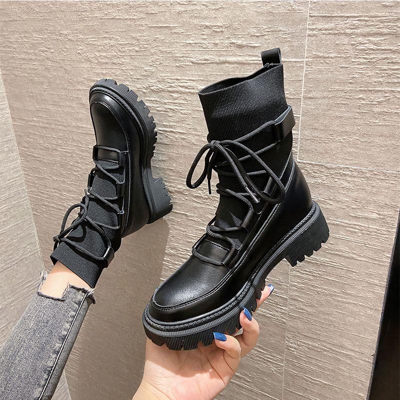 

2025 новые ботинки Мартин жареные уличные тонкие ботинки ботильоны женские осенние новые толстый каблук вязаные эластичные носки ботинки женские короткие ботинки 40