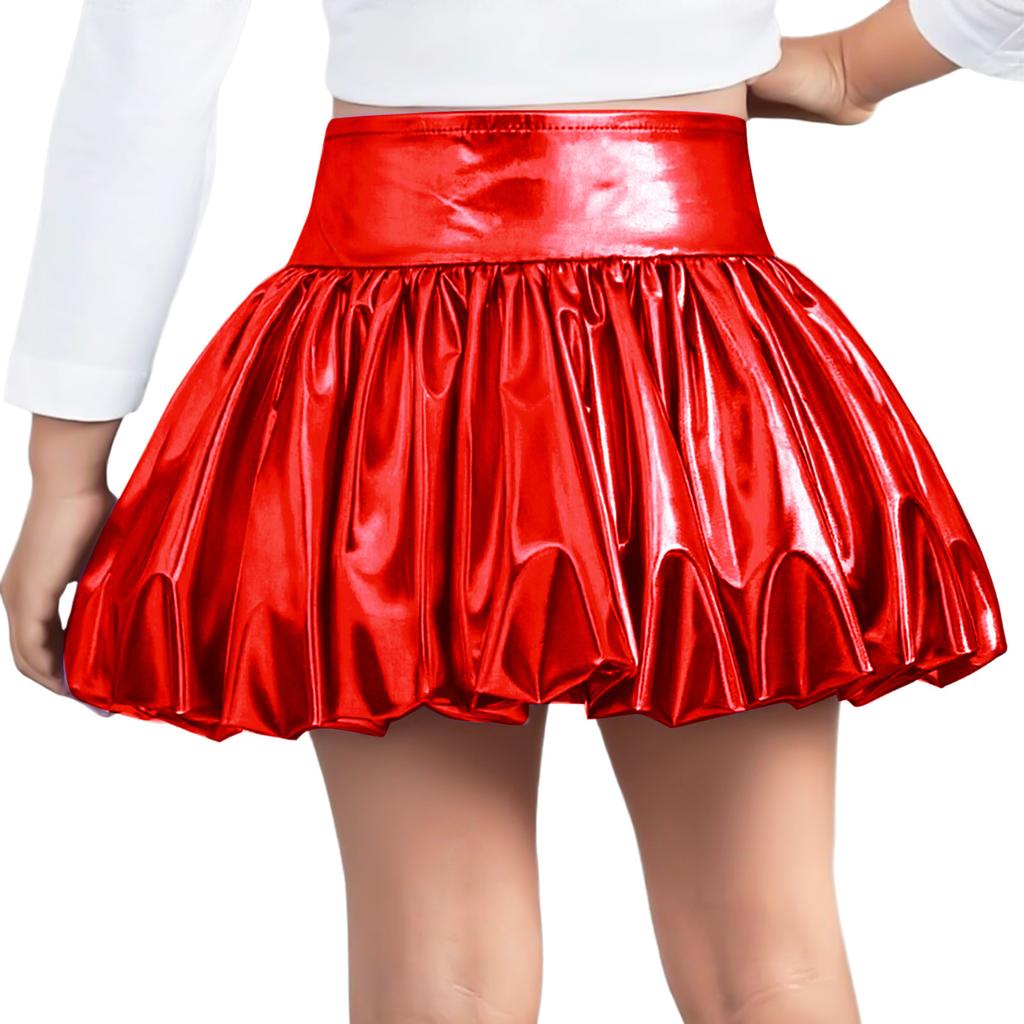 Girls Metallic Bubble Skirt Elastic Waistband Shiny Bud Skirt Sparkly Performance Costume
