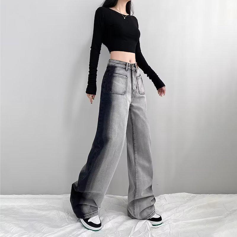 Women's High-Waist Black & Gray Wide-Leg Jeans - Personalized Summer Casual, Slimming, All-Match, Floor-Length Design.