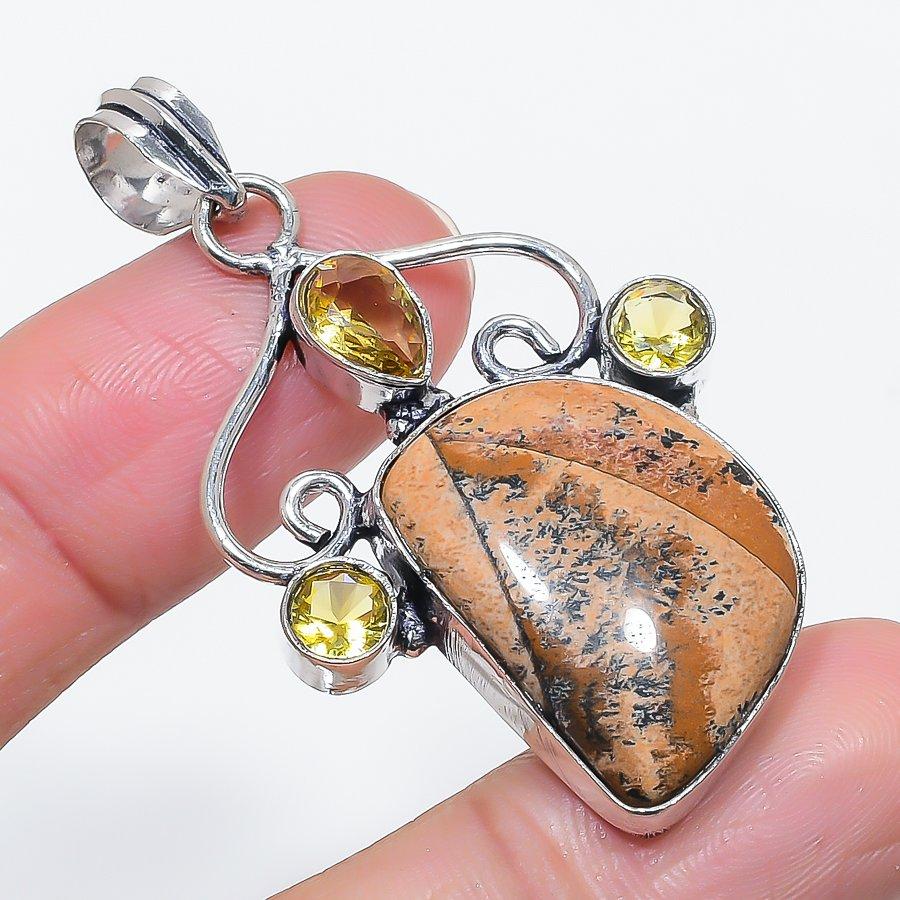 Natural Picture Jasper, Citrine 925 Sterling Silver Jewelry Pendant 2.17" Q7I16
