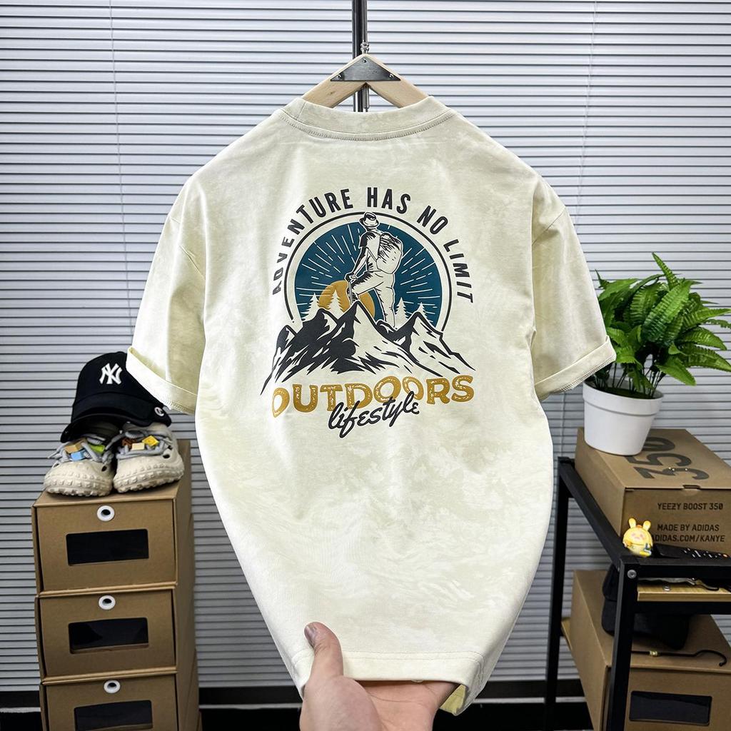 Men's Retro Mountain Print Short-Sleeve T-Shirt - Loose Fit, Round Neck, Washed Summer Pullover