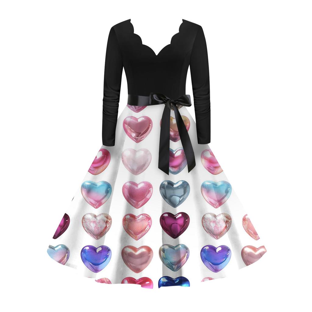 Women's stylish and elegant long,sleeved V,neck heart,shaped dress for Valentine's Day