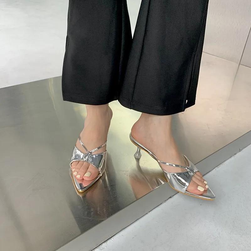 fashion Women's Middle Heel Slipper New Pointed Toe Fashion Open Toe Flip Flops Ladies Casual Slides Shoes Sandalias Mujer Verano 2024