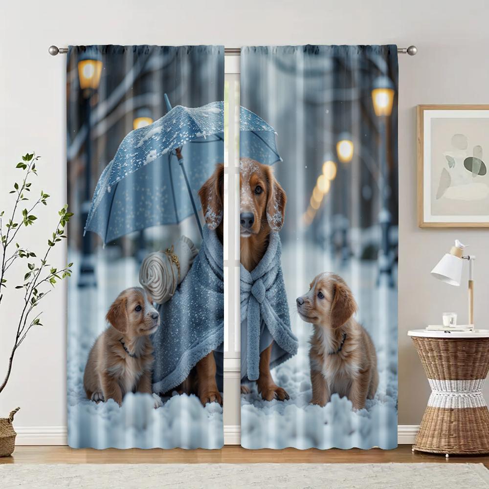 2 pcs, filtering curtains (excluding rods, non-movable, without batteries) a family of puppies in the snow for use in bedrooms