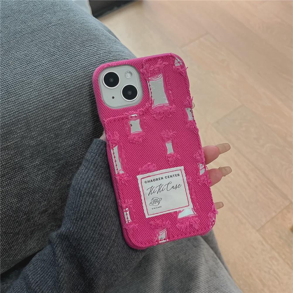 Džínový kryt na iPhone s otvorem pro zrcátko pro 15/14/13 Pro, 12/11 - Kreslená tvrdá ochrana